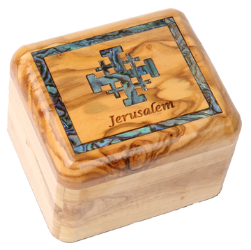 Olive Wood Box_ Mother of Pearl Broder and Jerusalem Cross
