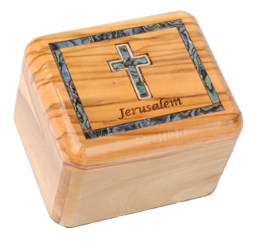 Olive Wood Box_ Mother of Pearl Broder and Latin Cross
