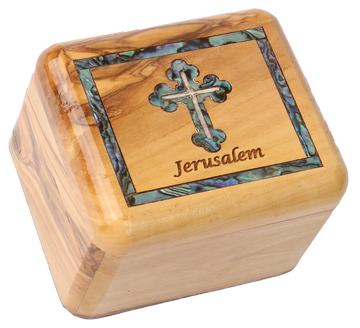 Olive Wood Box_ Mother of Pearl Broder and Roman Cross