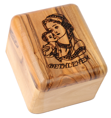 Olive Wood Box_ Laser-engraved Virgin Mary and baby Jesus