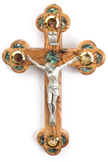Olive Wood Roman Cross_ Mother of Pearl with Crucifix and Four Holy Objects Lenses