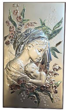 Madonna of Tender Rest Plaque – Floral Silver & Rose-Tone Relief L