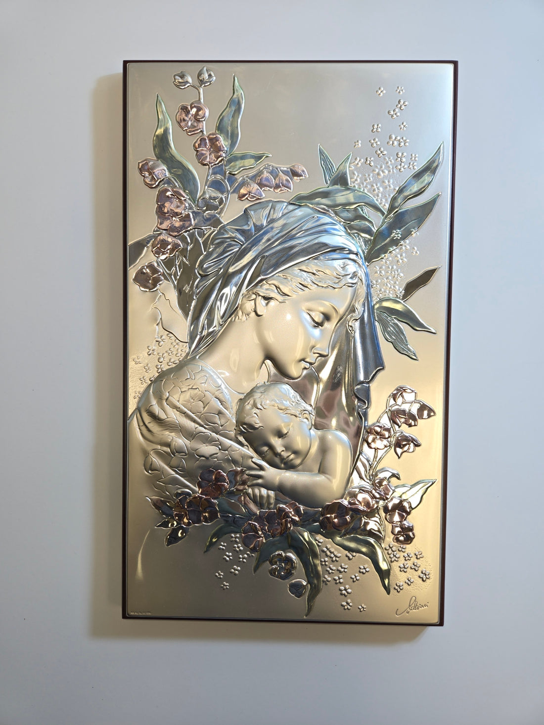 Madonna of Tender Rest Plaque – Floral Silver & Rose-Tone Relief L