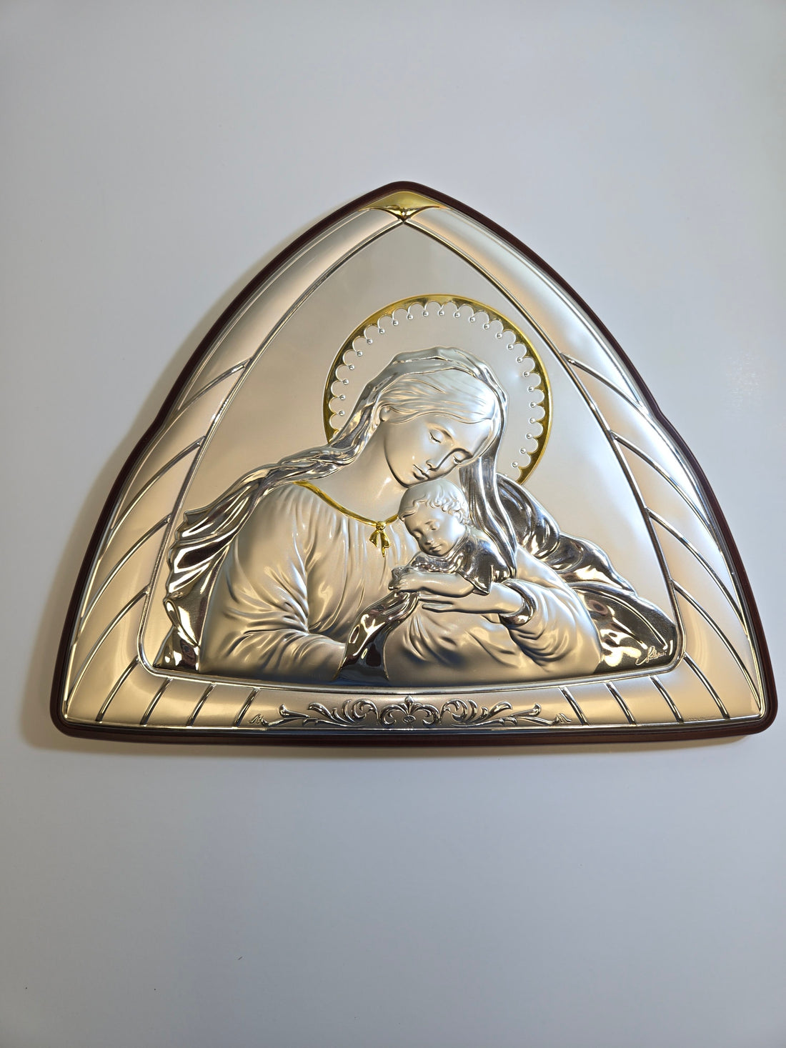 Madonna of Gentle Light Plaque – Triangular Silver Devotional Icon