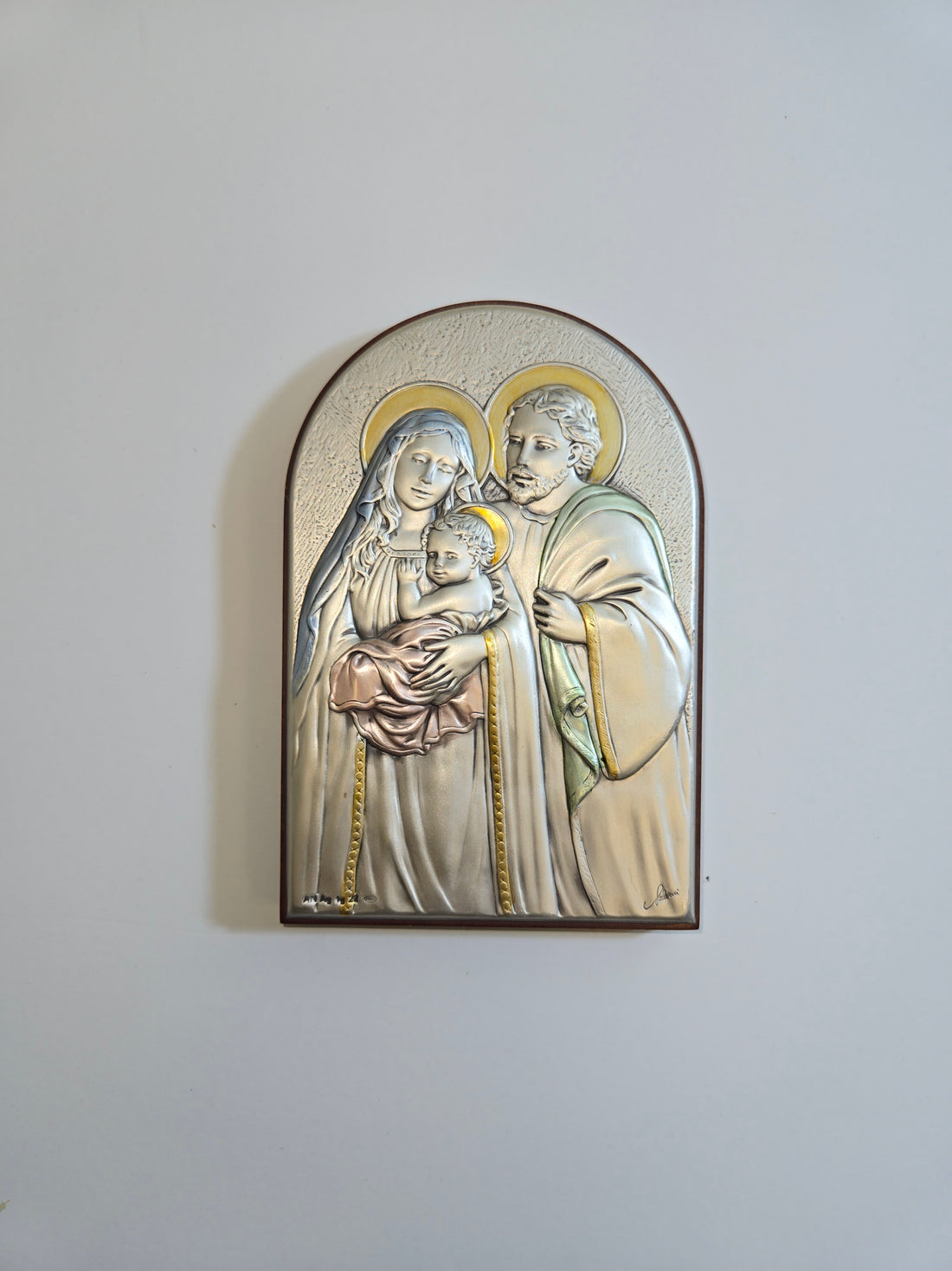 Holy Family Blessing Plaque – Classic Silver & Gold Arched Relief