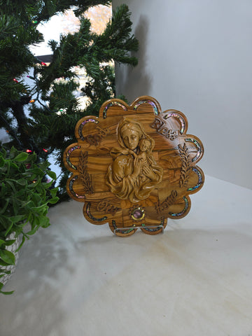 Olive Wood "God Bless Our Home" Virgin Mary and Baby Jesus Plaque with Mother of Pearl
