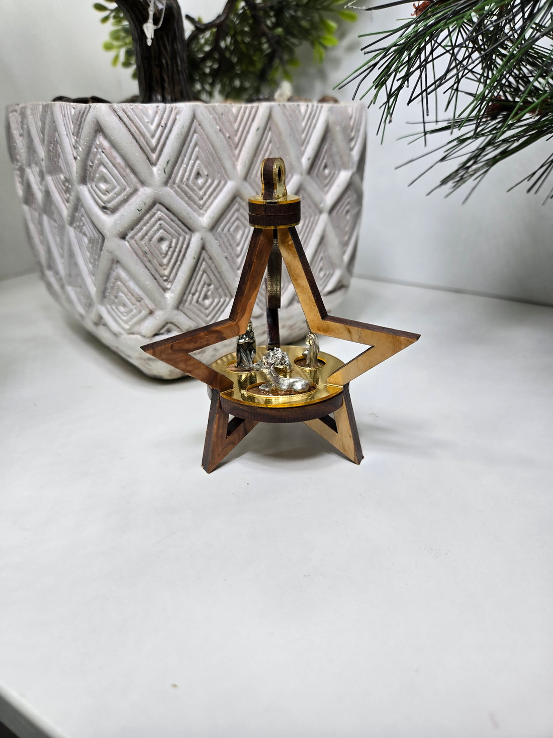 Olive Wood Ornament_ 3D Star with Silver Oxide Figurines