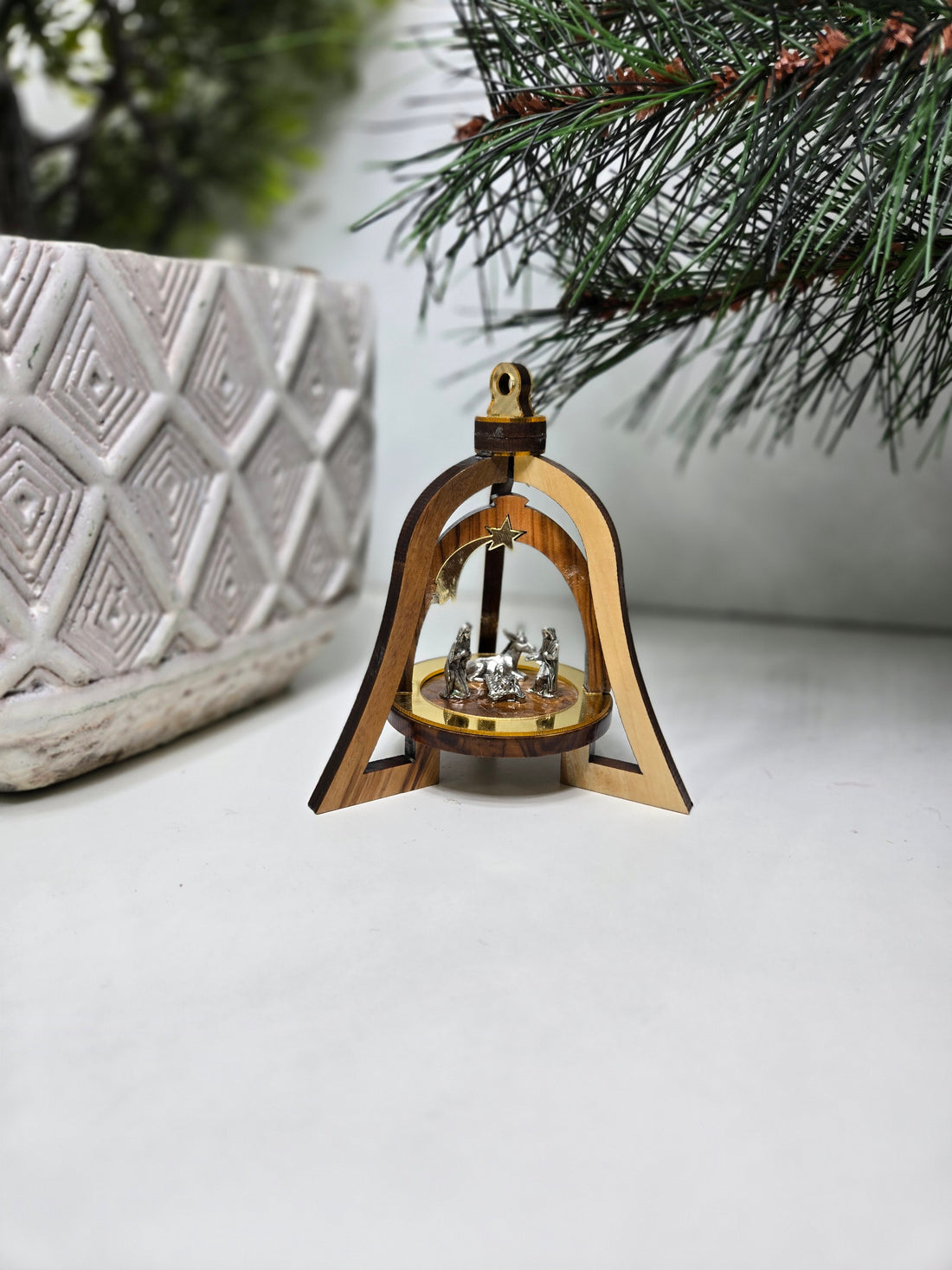 Olive Wood Ornament_ 3D Bell with Silver Oxide Figurines