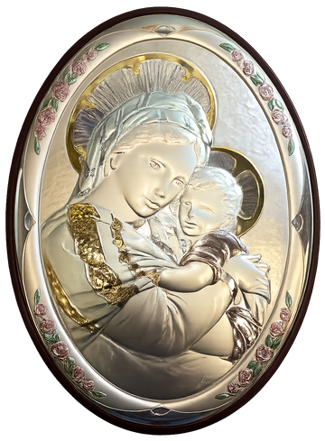 Virgin Mary & Child Jesus Plaque – Silver & Gold Finish