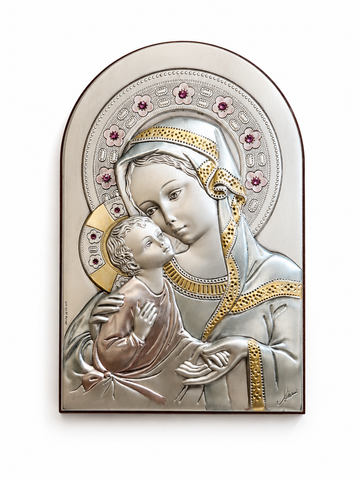 Madonna of Divine Gaze Plaque – Blue & Gold Accented Silver Icon