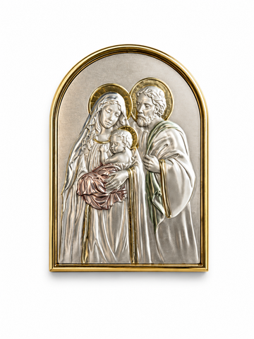 Holy Family Unity Plaque – Soft Gold & Silver Arched Icon