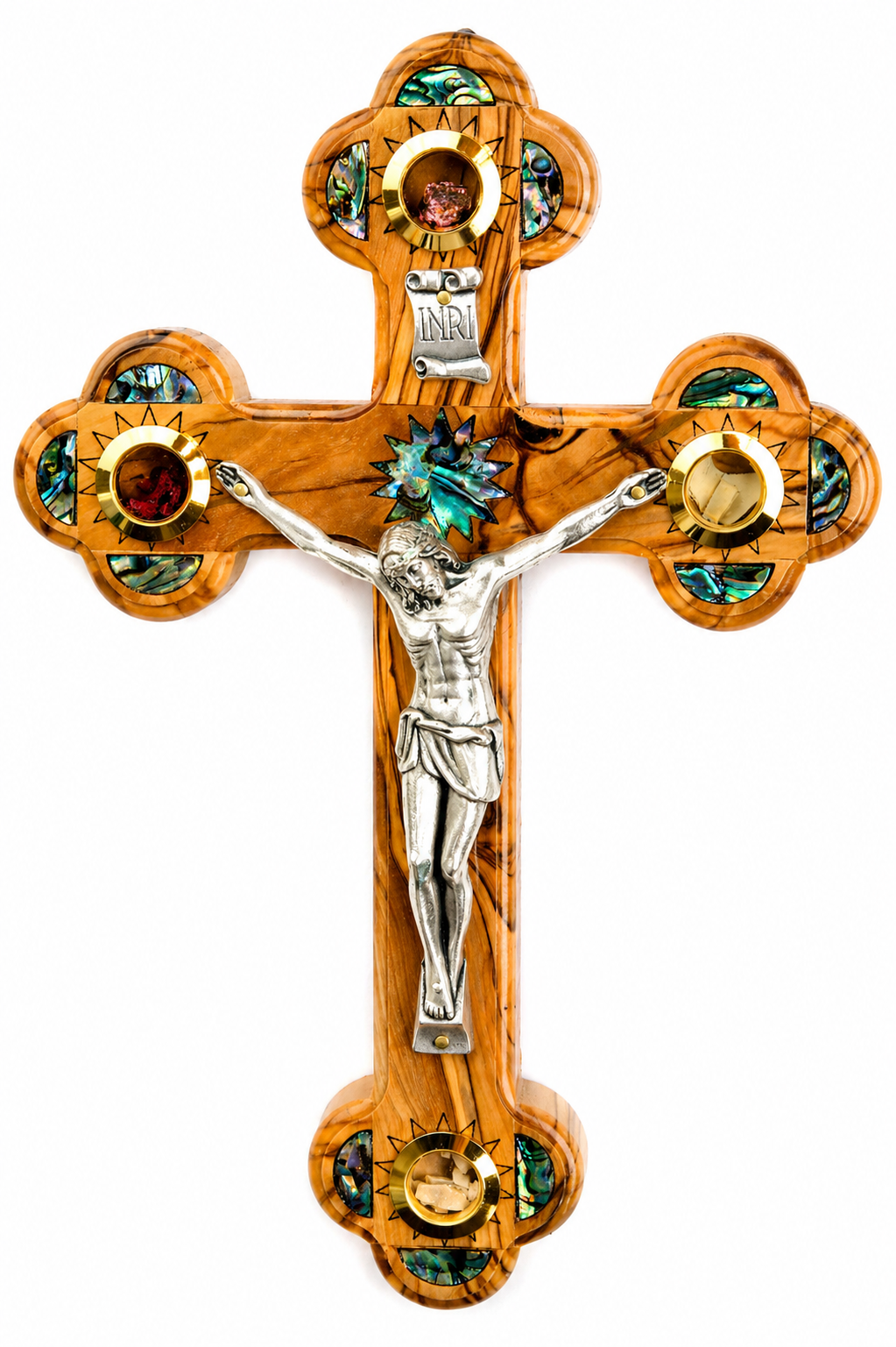 Olive Wood Roman Cross_ Mother of Pearl with Crucifix and Four Holy Objects Lenses 28cm