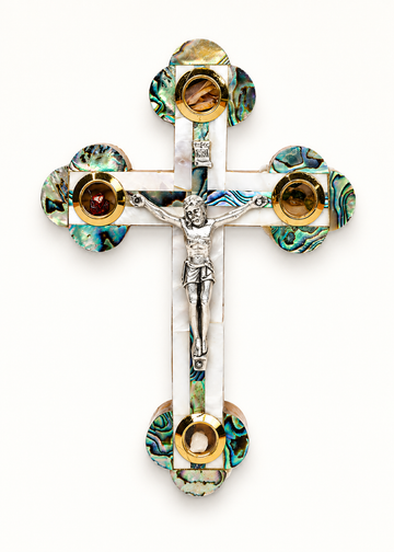 Mother of Pearl Roman Cross_ Abalone Shell with Crucifix and Four Holy Objects Lenses 28cm