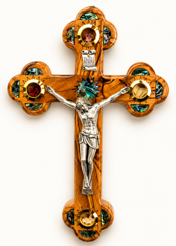 Olive Wood Roman Cross_ Mother of Pearl with Crucifix and Four Holy Objects Lenses 28cm