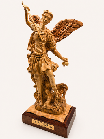 St. Michael Archangel – Olive Wood Statue (Dynamic Pose)