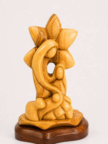 Holy Family Under Bethlehem Star – Abstract Olive Wood Nativity Sculpture