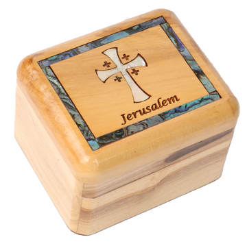 Olive Wood Box_ Mother of Pearl Broder and Jerusalem Cross