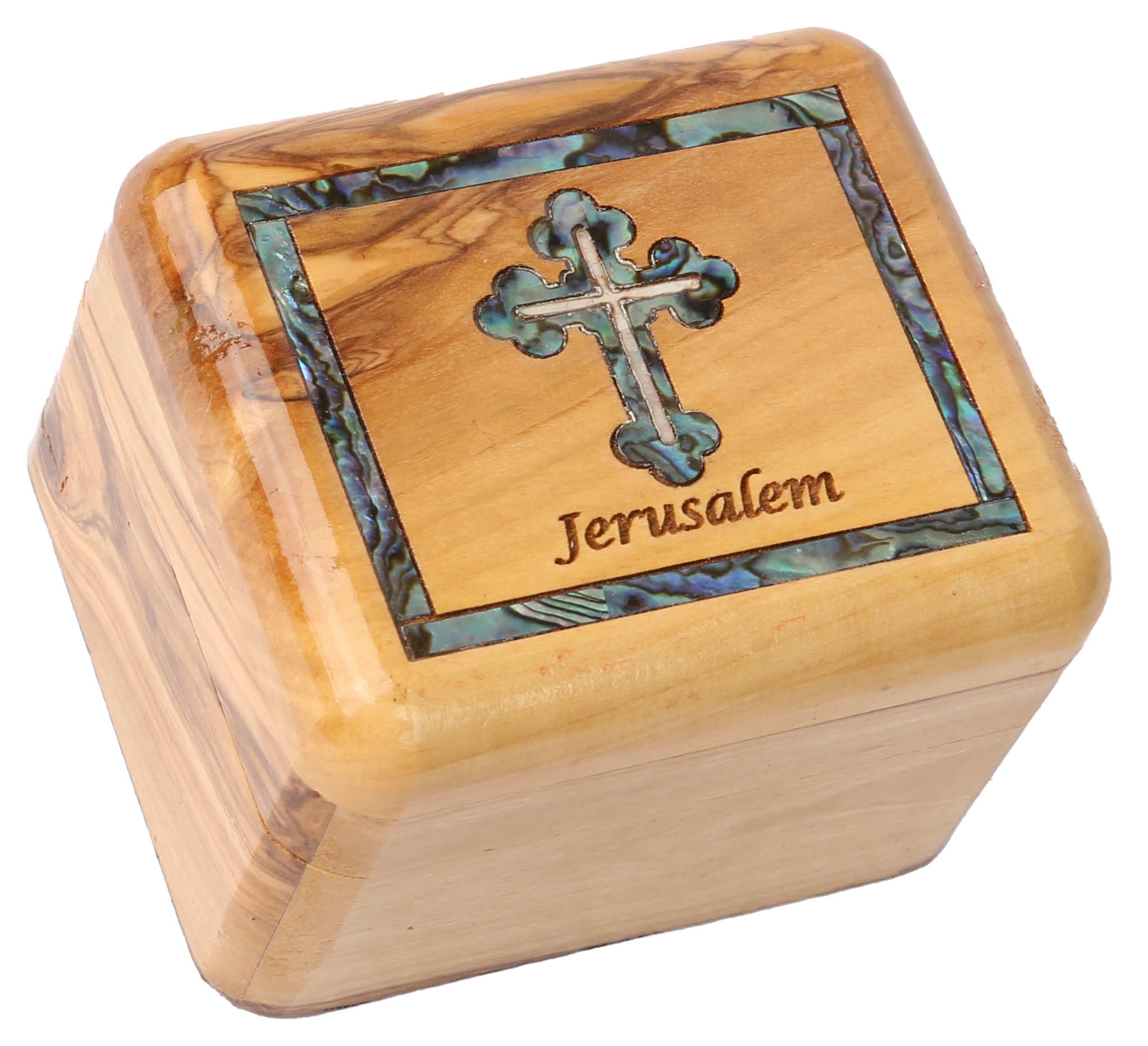 Olive Wood Box_ Mother of Pearl Broder and Roman Cross
