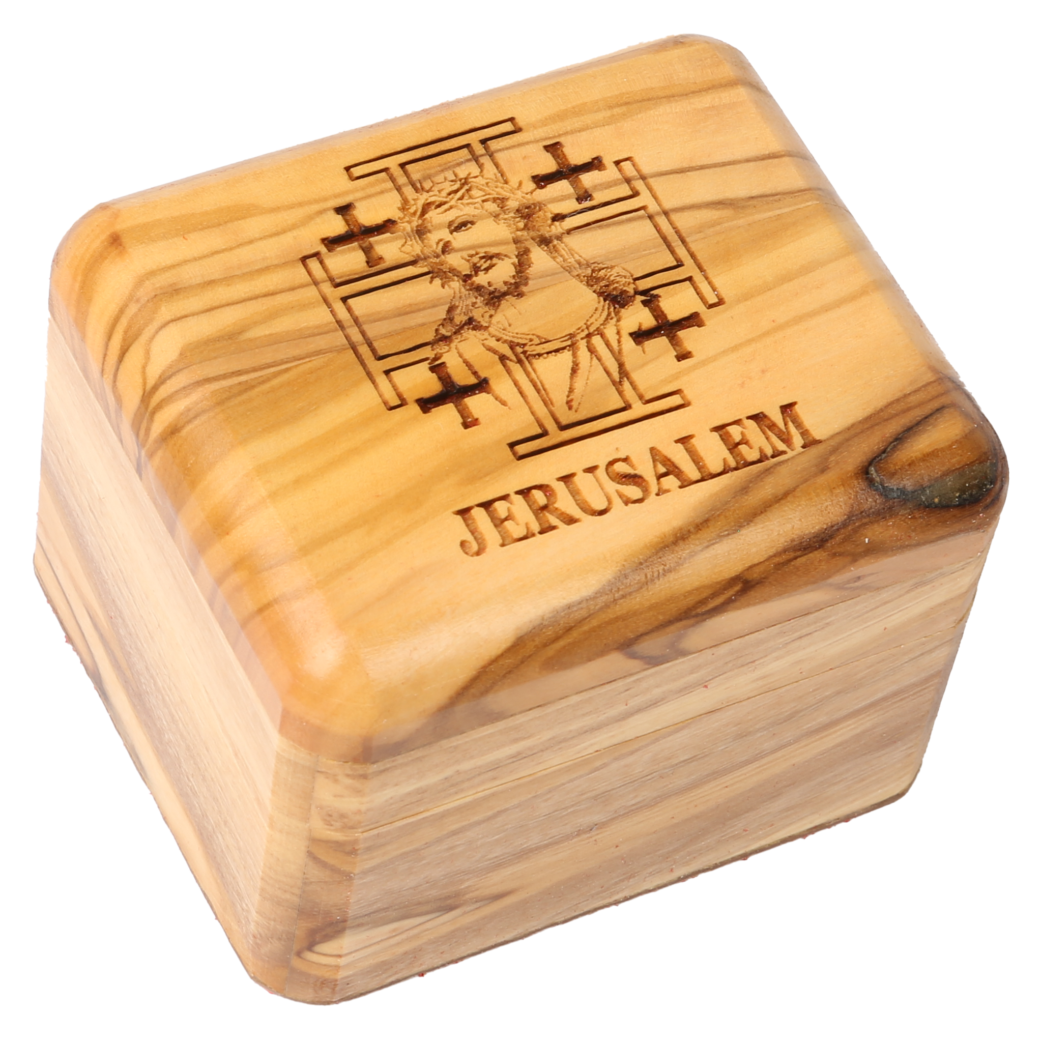 Olive Wood Box_Laser-engraved Jerusalem Cross and Face of Jesus