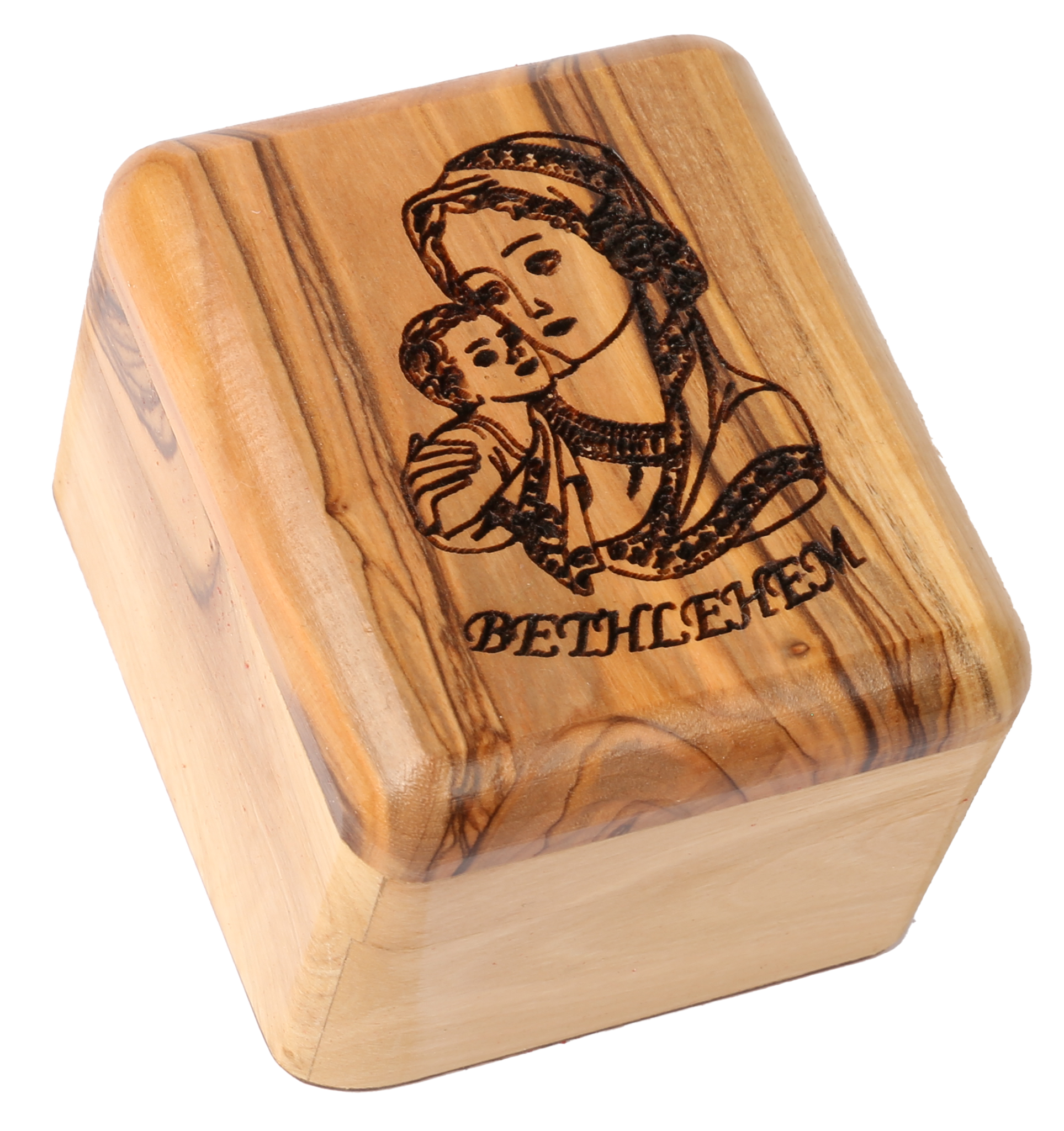 Olive Wood Box_ Laser-engraved Virgin Mary and baby Jesus
