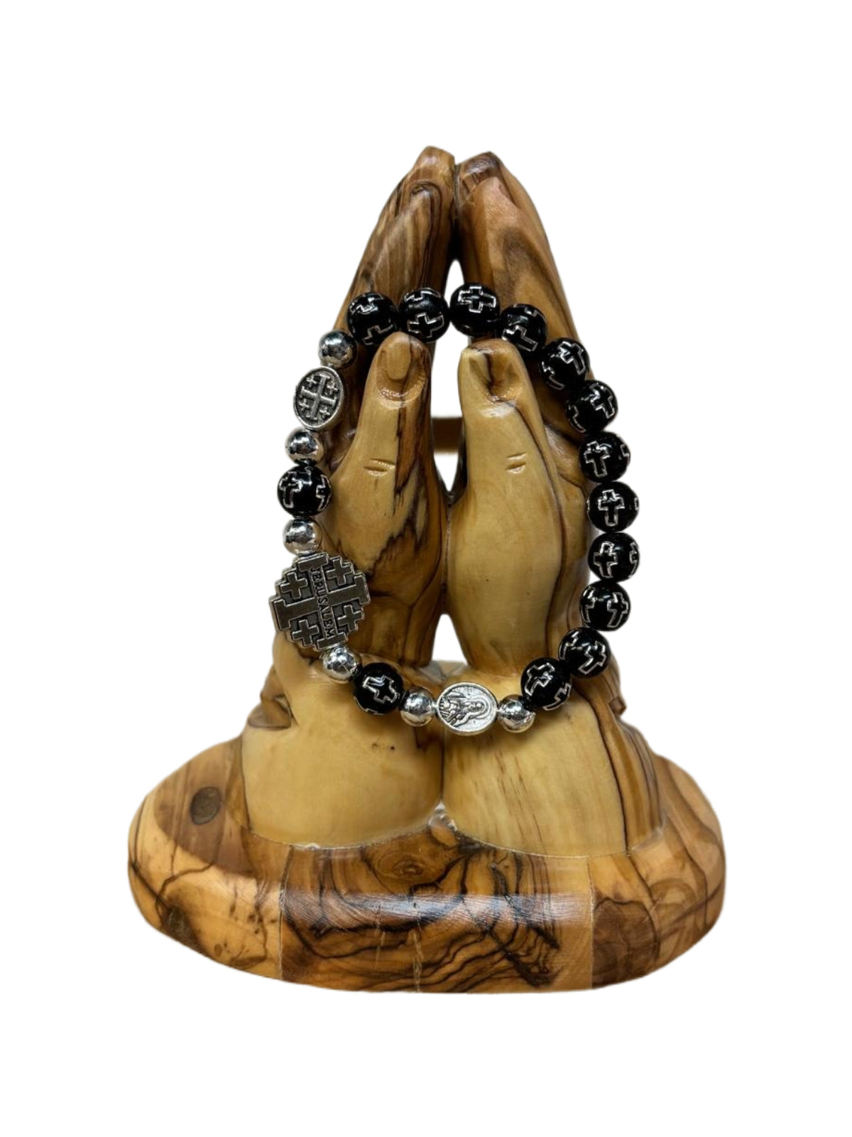 Jerusalem Cross Stretch Bracelet – Black and Silver Beads