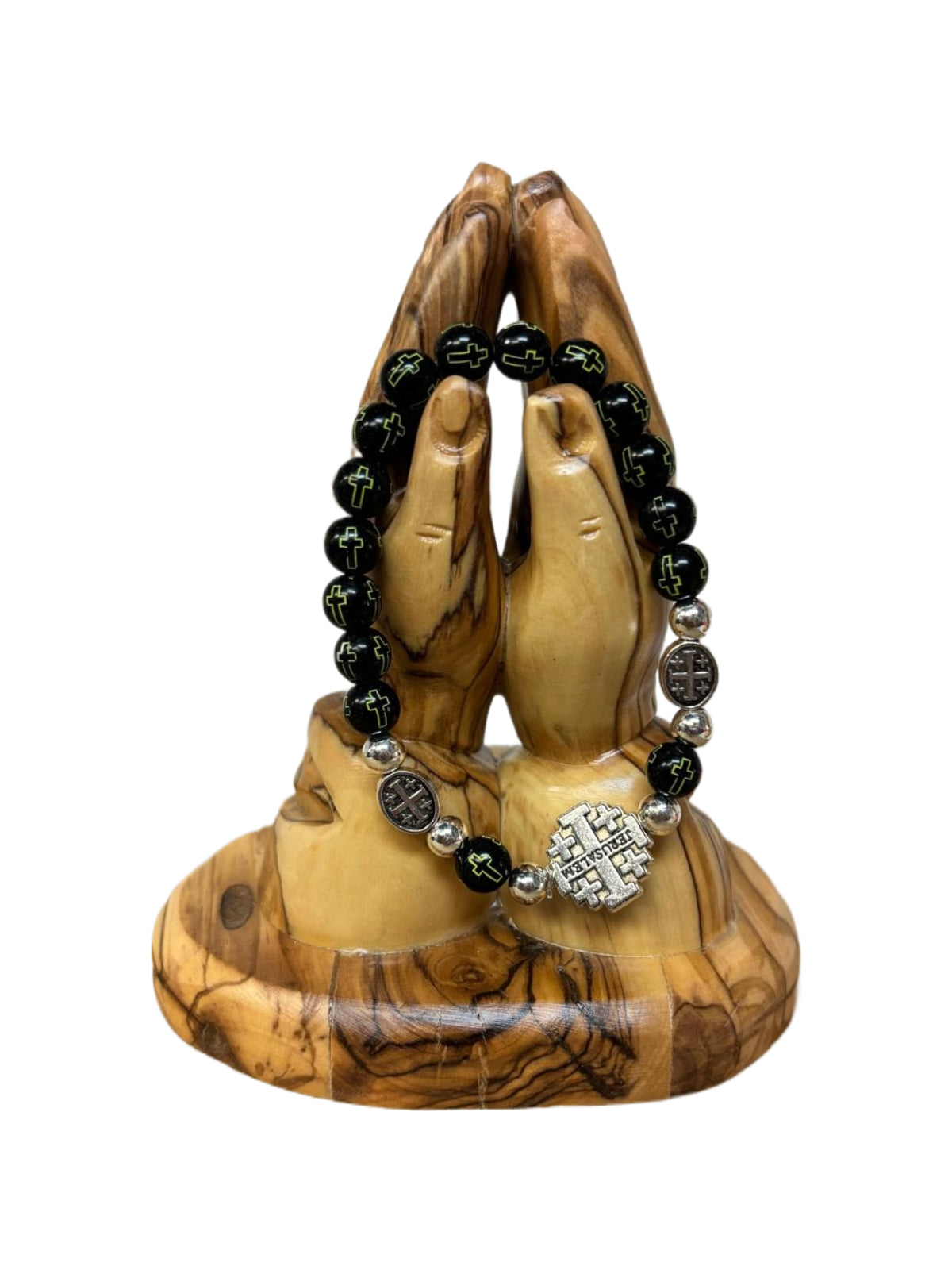 Jerusalem Cross Stretch Bracelet – Black Beads with Green Crosses