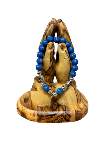 Jerusalem Cross Stretch Bracelet – Blue Beads with Silver Accents