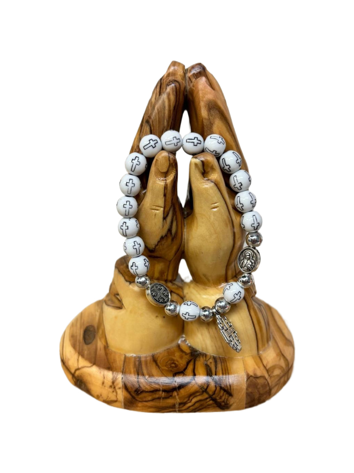 Jerusalem Cross Stretch Bracelet – White Beads with Black Crosses