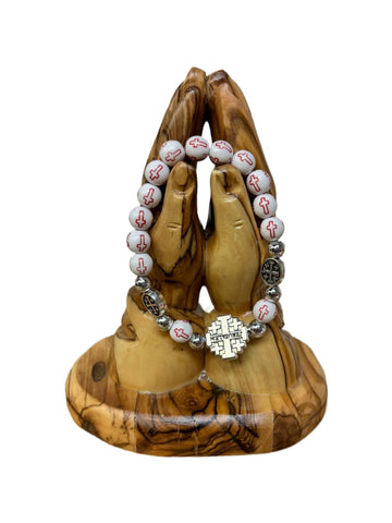 Jerusalem Cross Stretch Bracelet – White Beads with Red Crosses
