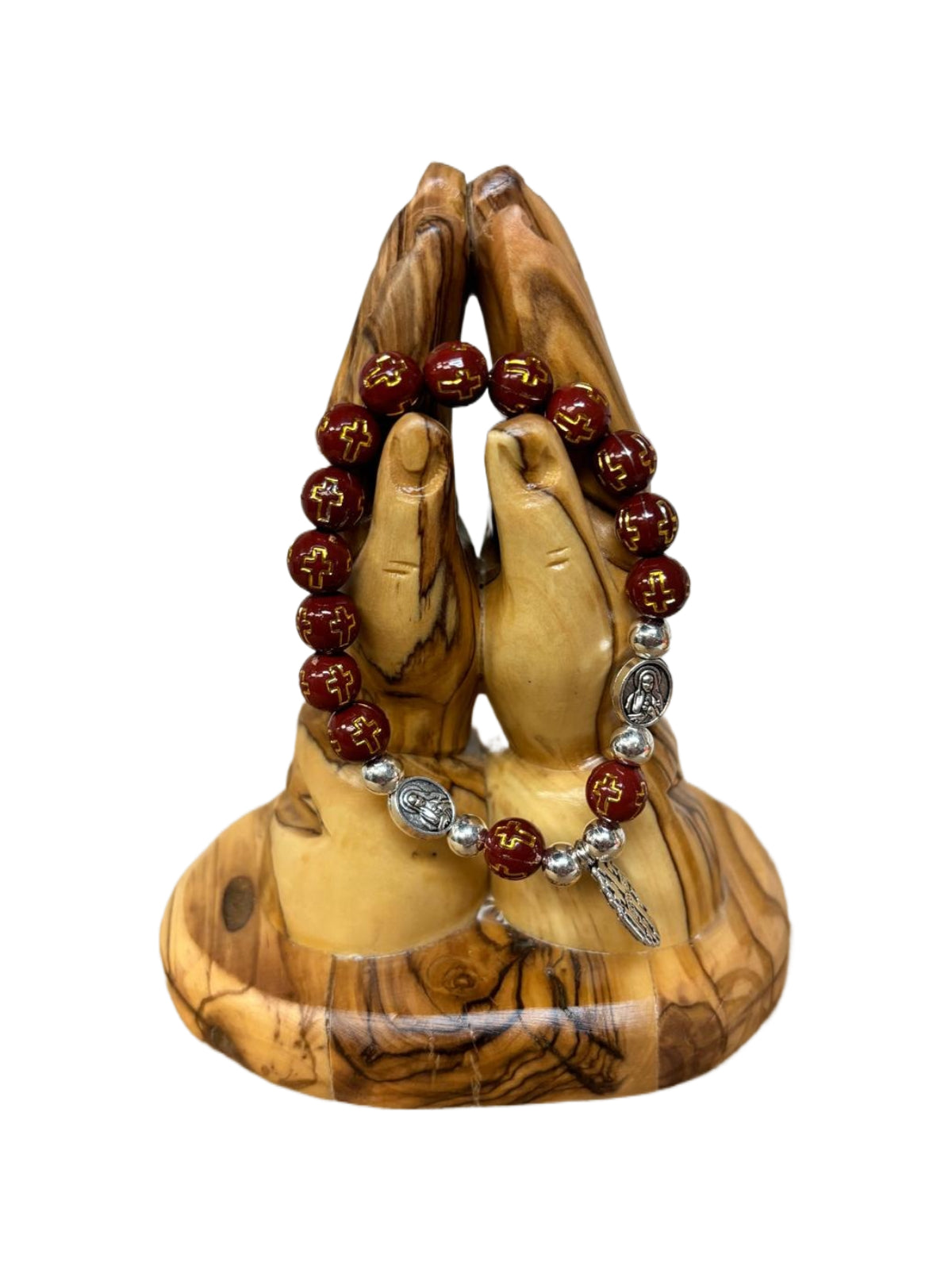 Jerusalem Cross Stretch Bracelet – Dark Red Beads with Gold Crosses