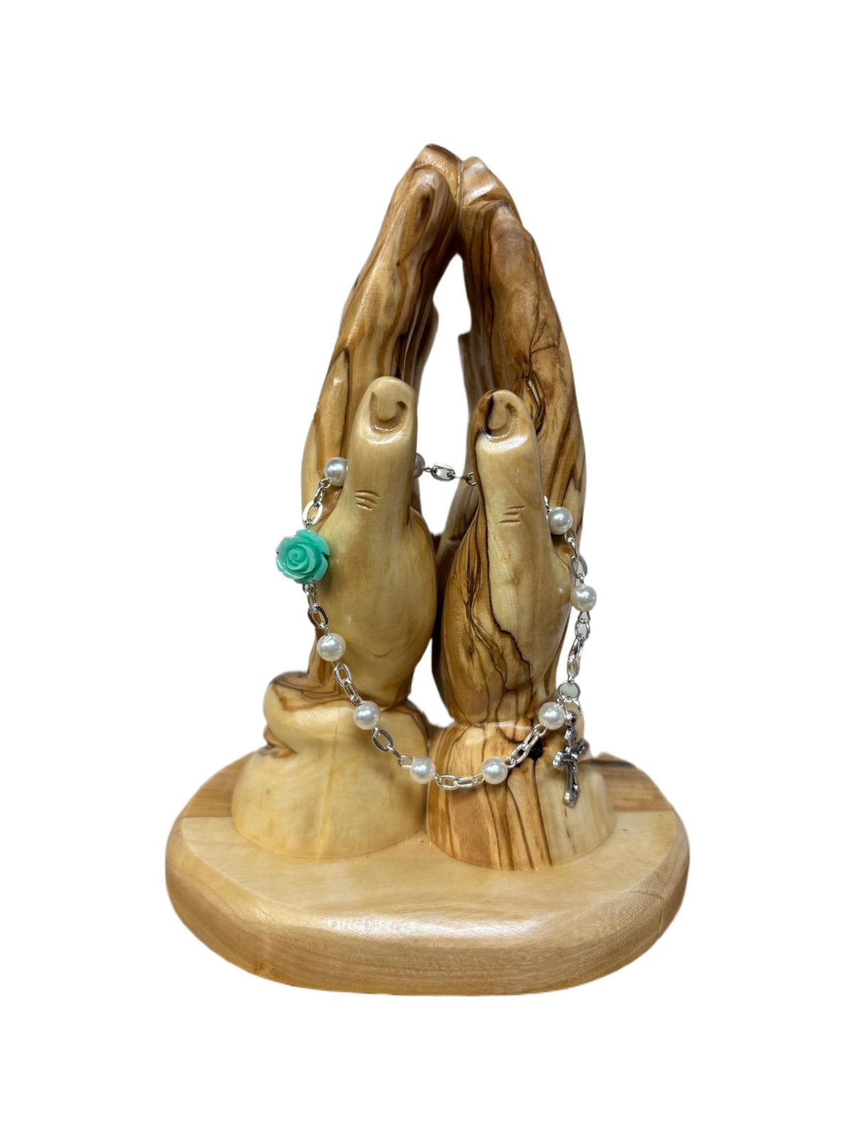 White Pearl-Style Rosary Bracelet with Green Rose Accent and Silver Crucifix