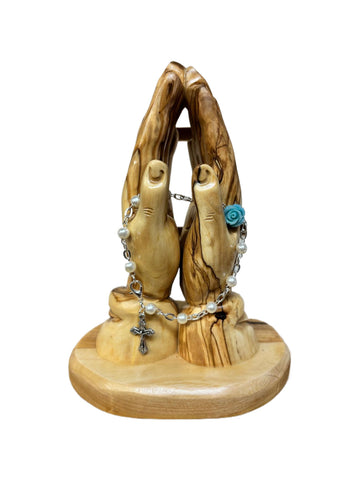 White Pearl-Style Rosary Bracelet with Blue  Rose Accent and Silver Crucifix