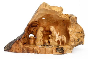 Olive Wood Nativity Scene_ Carved Cave with Fixed Figurines