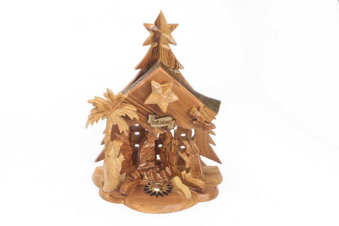 Olive Wood Nativity Scene_ Musical with Star