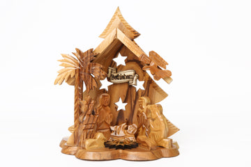 Olive Wood Nativity Scene_ Carved Grotto with Four Stars