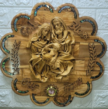 Olive Wood "God Bless Our Home" Holy Family Plaque with Mother of Pearl