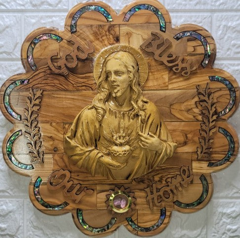Olive Wood "God Bless Our Home" Sacred of heart Jesus Plaque with Mother of Pearl
