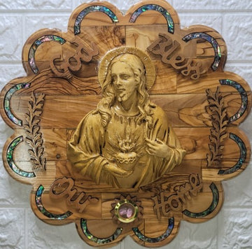 Olive Wood "God Bless Our Home" Sacred of heart Jesus Plaque with Mother of Pearl