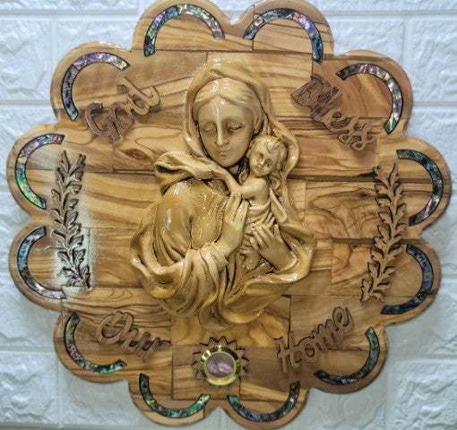 Olive Wood "God Bless Our Home" Virgin Mary and Baby Jesus Plaque with Mother of Pearl