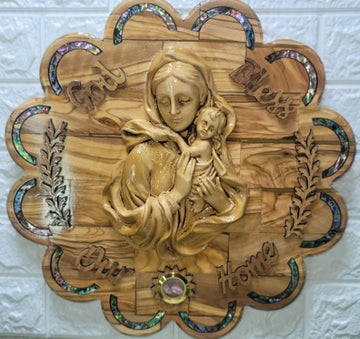 Olive Wood "God Bless Our Home" Virgin Mary and Baby Jesus Plaque with Mother of Pearl