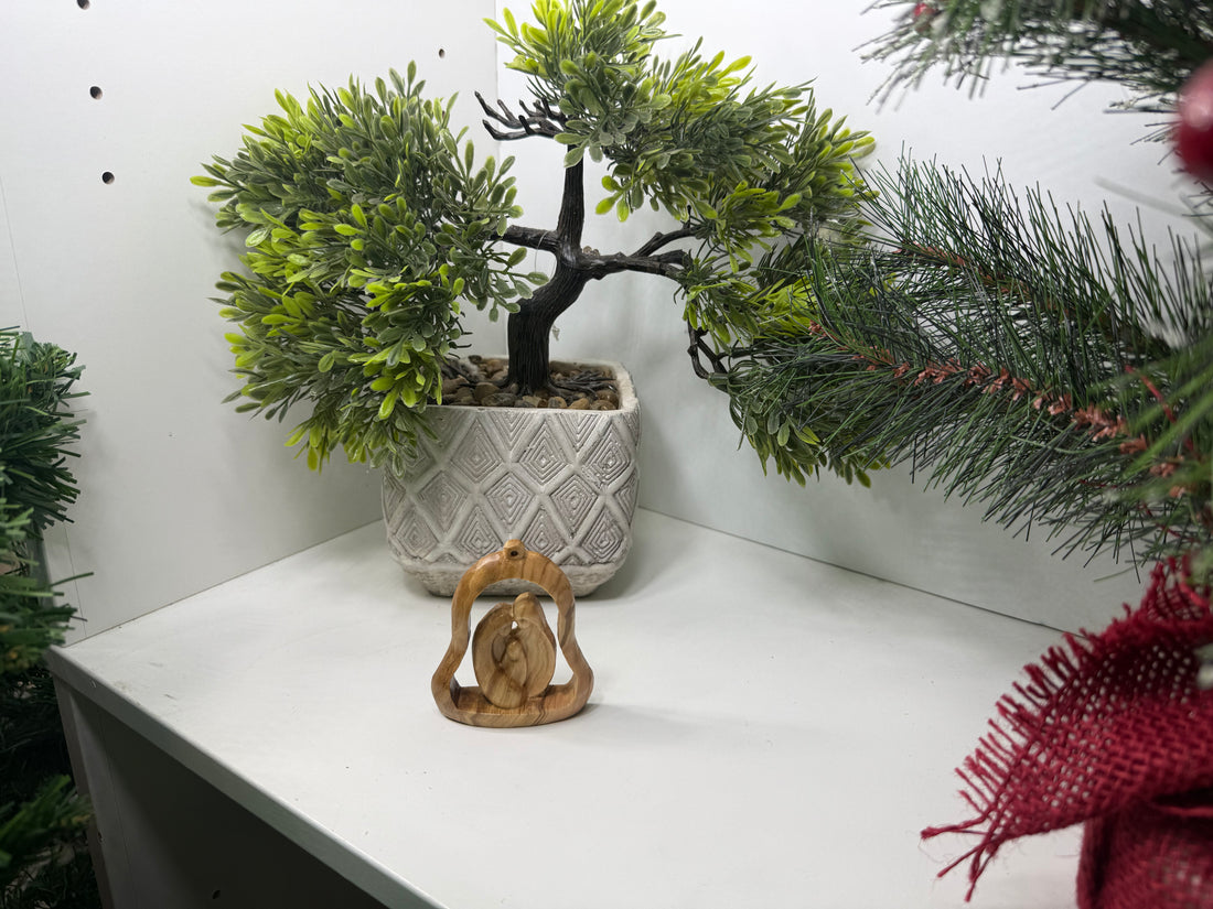 Olive Wood Ornament_ Holy Family in Bell Frame