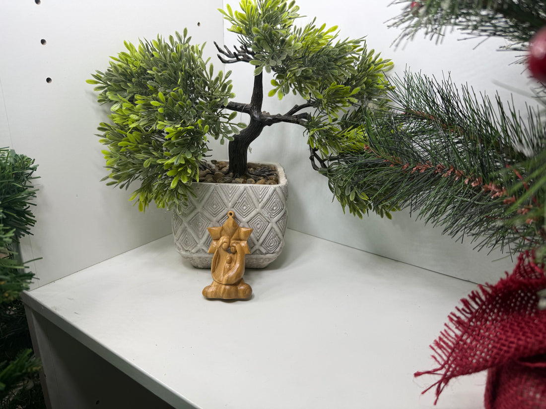Olive Wood Ornament_ Holy Family with Star Background