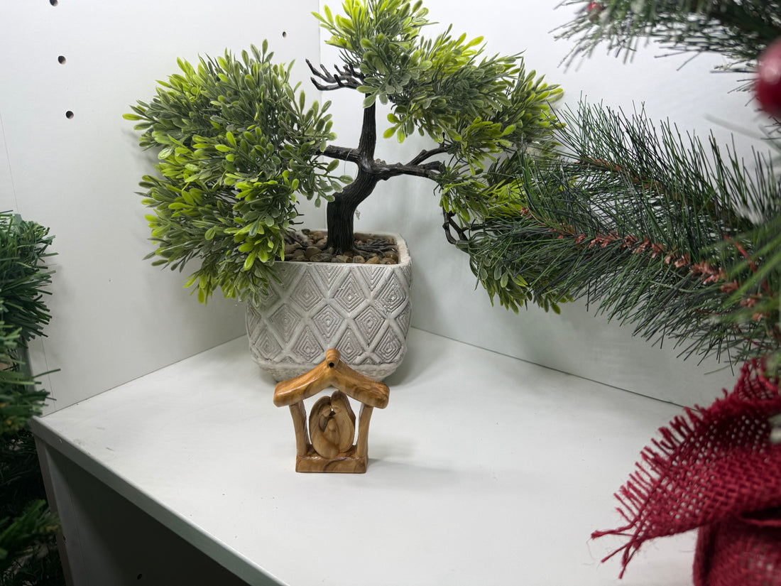 Olive Wood Ornament_ Holy Family in Grotto Shelter