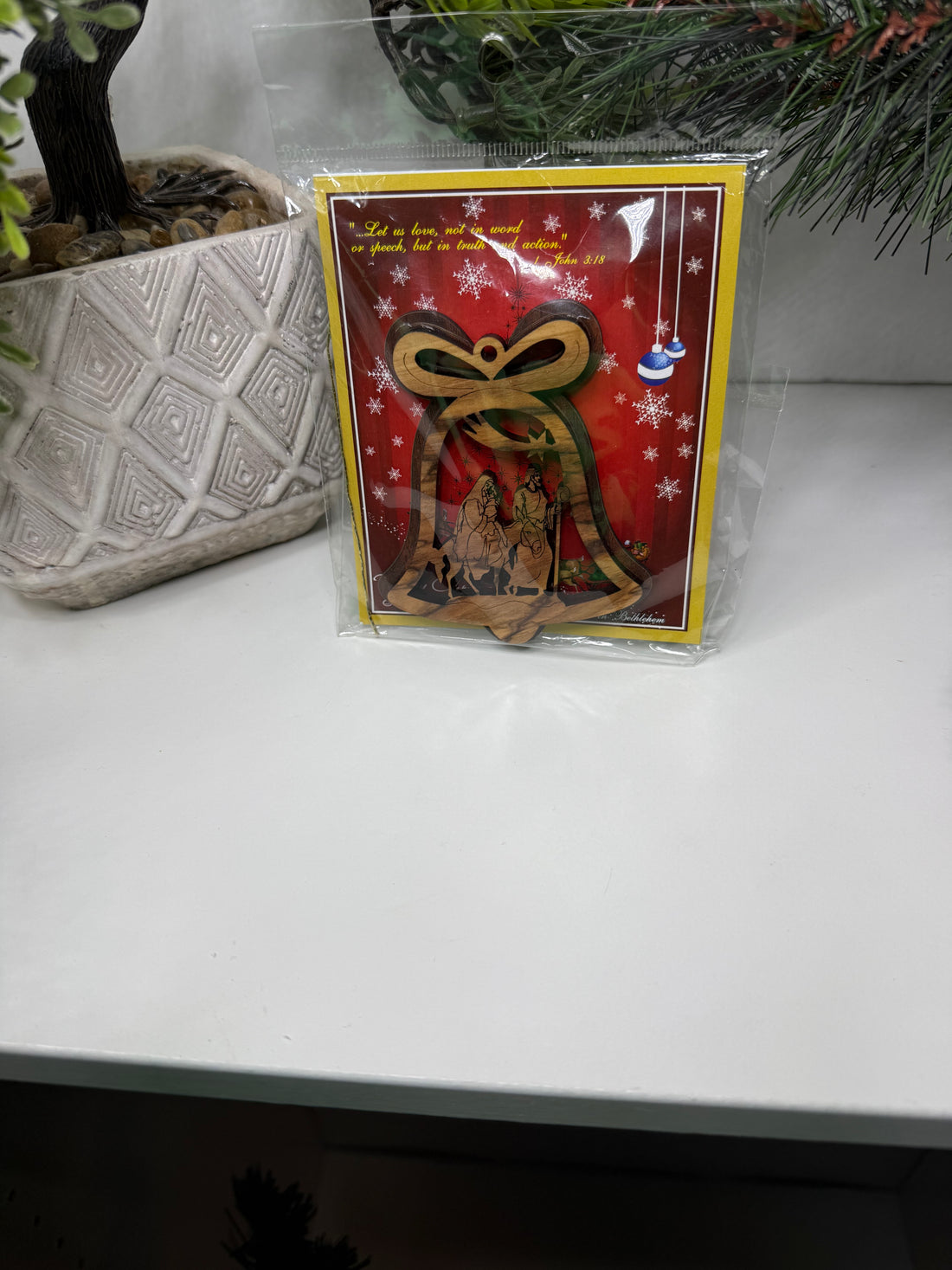 Olive Wood Ornament_ Double Layered Bell with Flight to Egypt