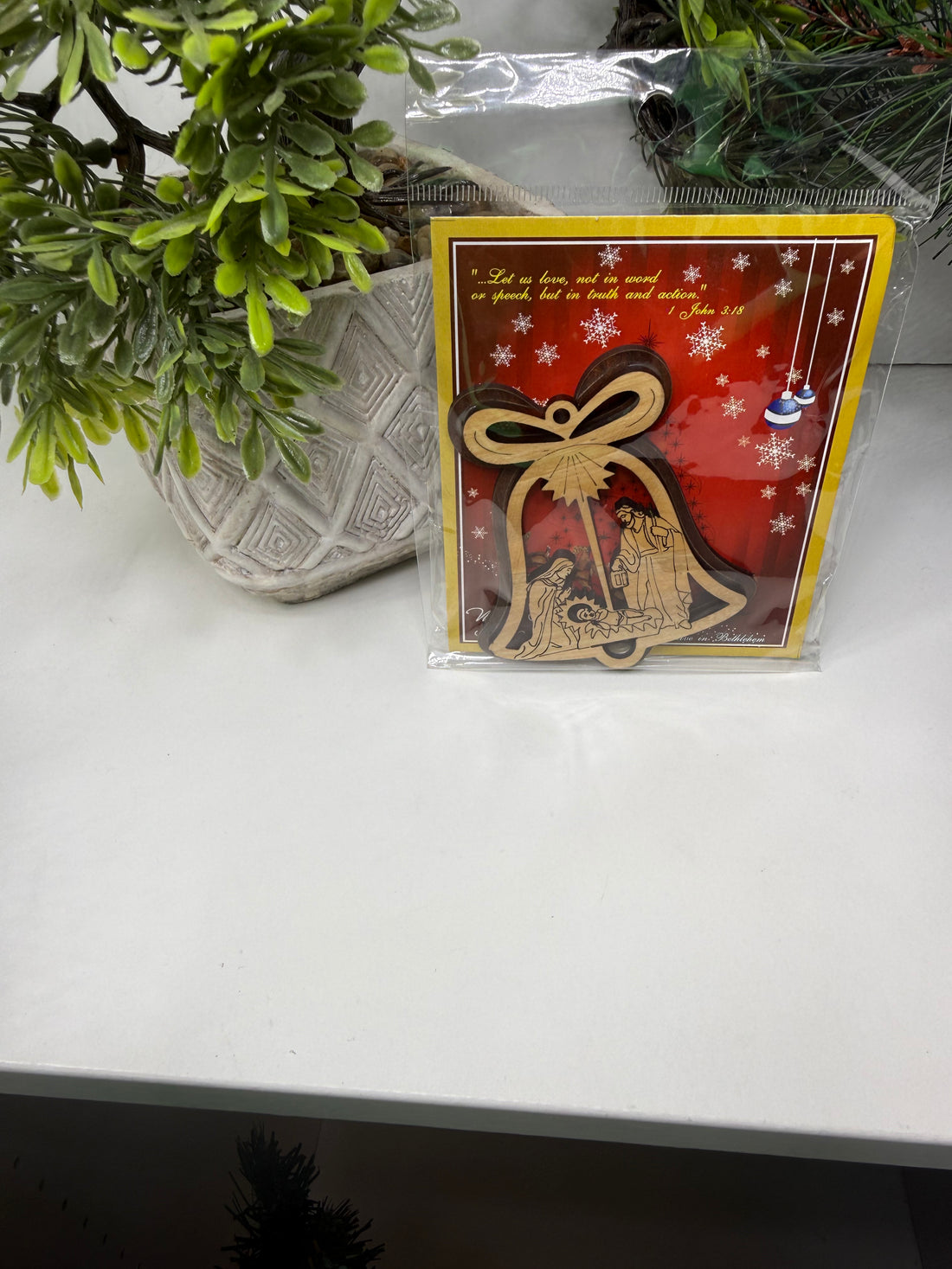 Olive Wood Ornament_Double Layered Bell with Nativity Scene