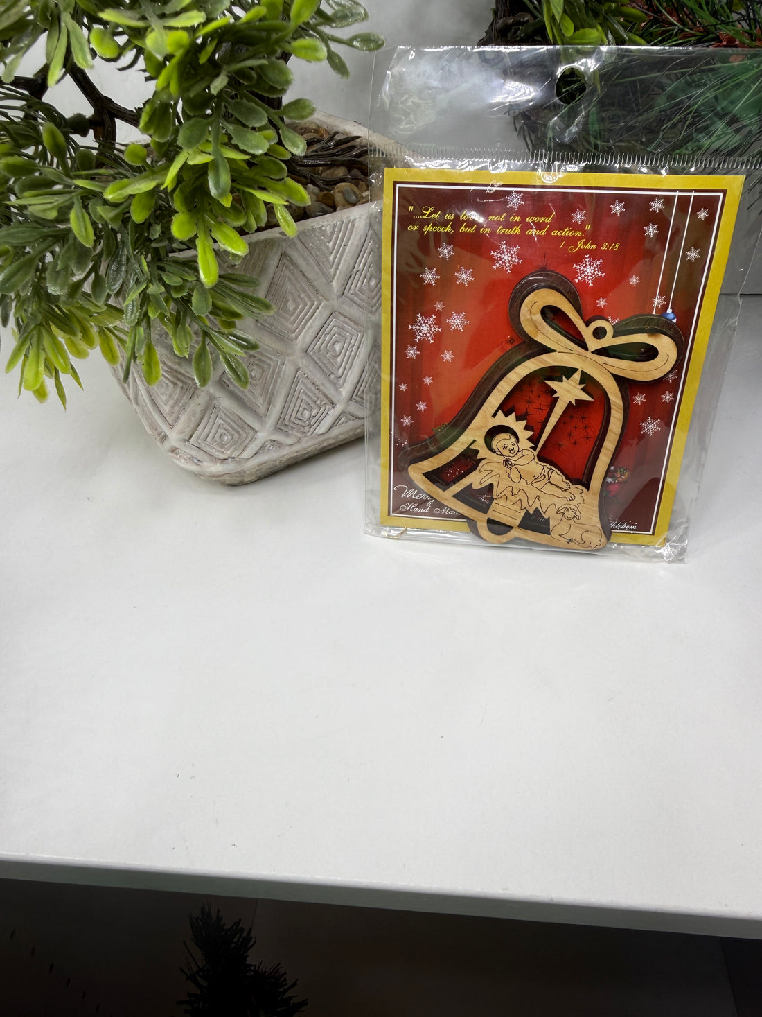 Olive Wood Ornament_Double Layered Bell with Baby Jesus in Manger