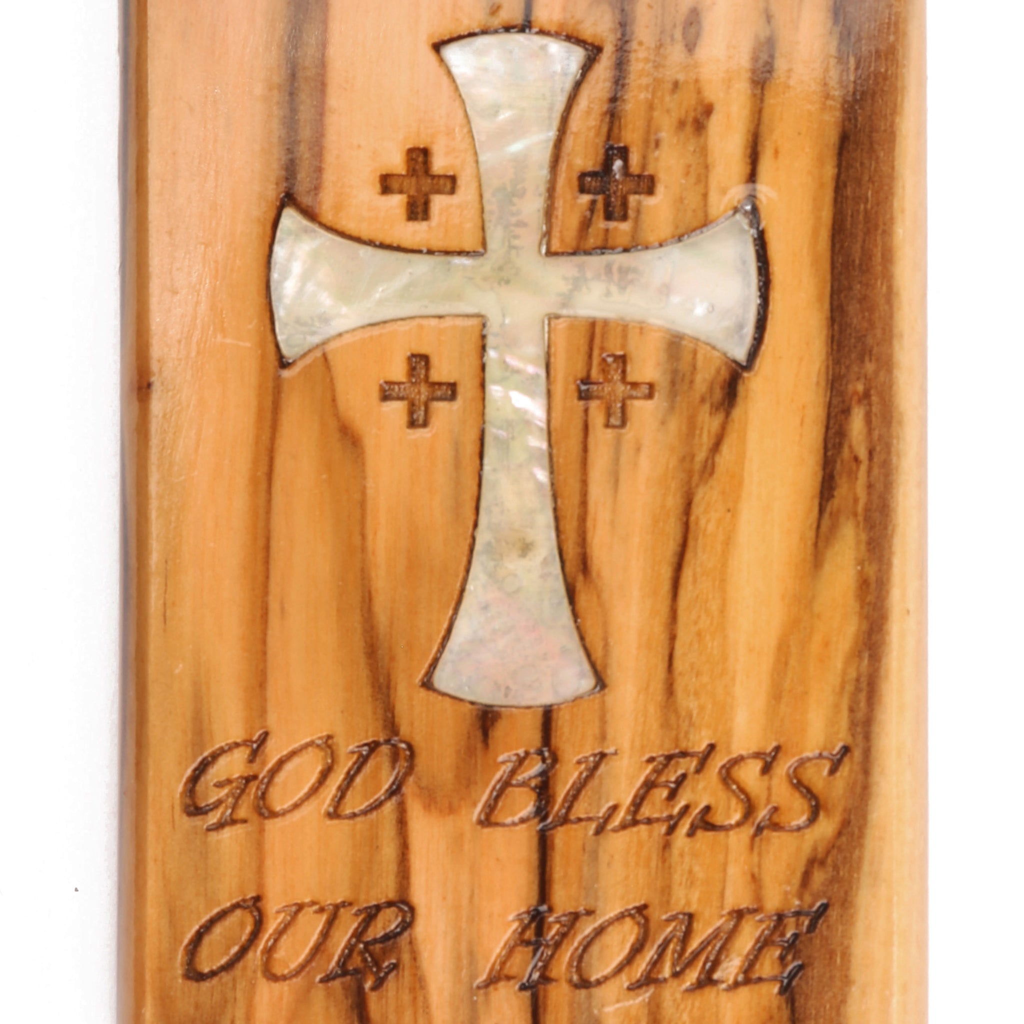 Olive Wood Magnet_ "God Bless Our Home" with Mother of Pearl Jerusalem Cross