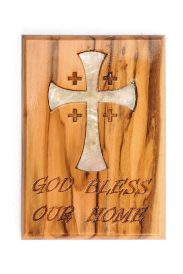 Olive Wood Magnet_ "God Bless Our Home" with Mother of Pearl Jerusalem Cross