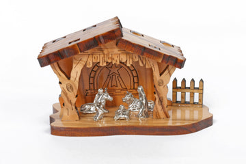 Olive Wood Nativity Scene_ Wooden Hut and Silver Oxide Figurines