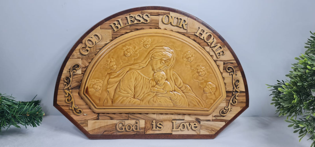 God Bless Our Home Mother Mary and Baby Jesus Plaque- God is Love